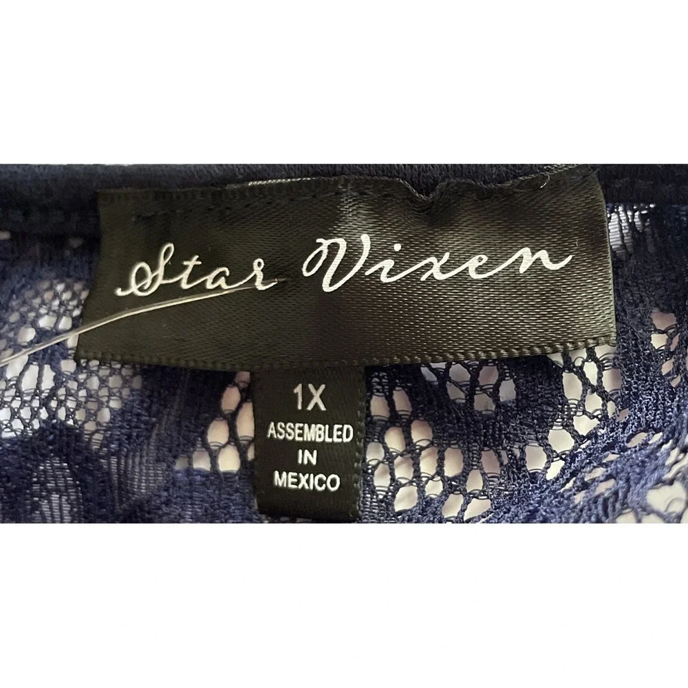 Star Vixen Womens 1X Sleeveless Blouse Navy Blue Lace Yoke Textured Knit Top NEW